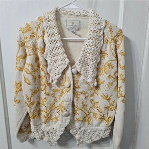 Vintage Express Tricot Crocheted Button Up Sweater With Gold Embroidery